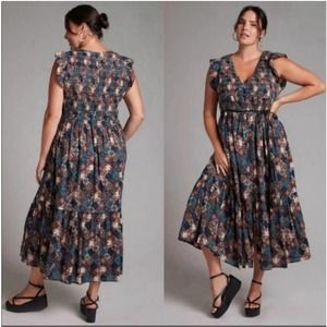 Anthropologie Dress Womens 3X Blue Cream Smocked Ruffle Midi Maxi Boho Bohemian